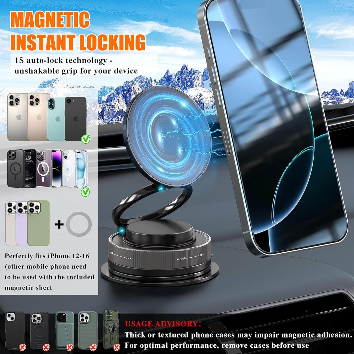 Soporte Magnético para Móvil Coche Compatible MagSafe, Negro – Rotación 360°, Ventosa Potente, Fijación Segura, Universal para iPhone y Android