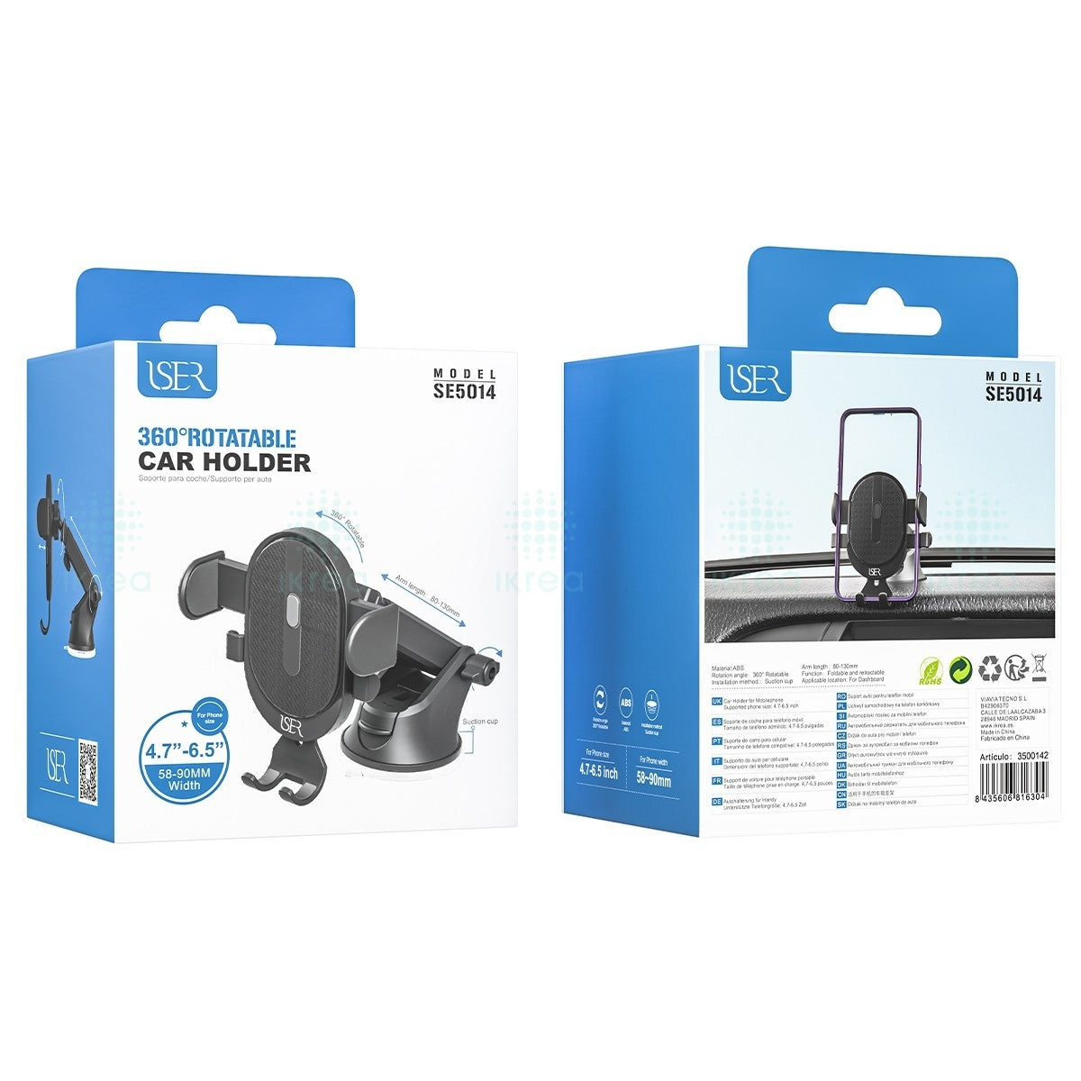 Soporte Universal 2 en 1 para Móvil – Montaje en Salpicadero y Ventilación de Coche, Rotación 360°, Compatible con Teléfonos de 4-8”, Operación con una Mano, Negro